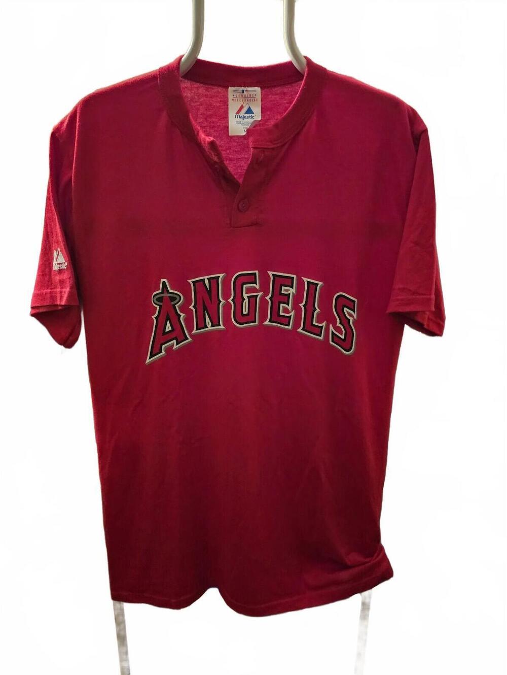 MLB Anaheim Angels 2 button Graphic T-Shirt red mens size M Majestic- EUC